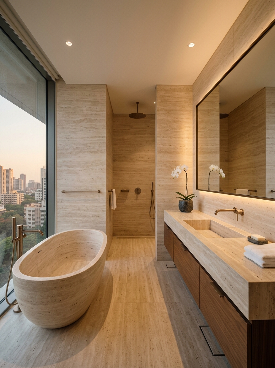 Honed Travertine in master bathrooms by KRIA