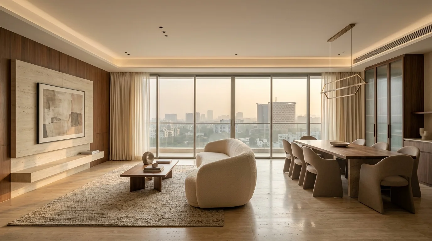 Large-format travertine living room floors by KRIA