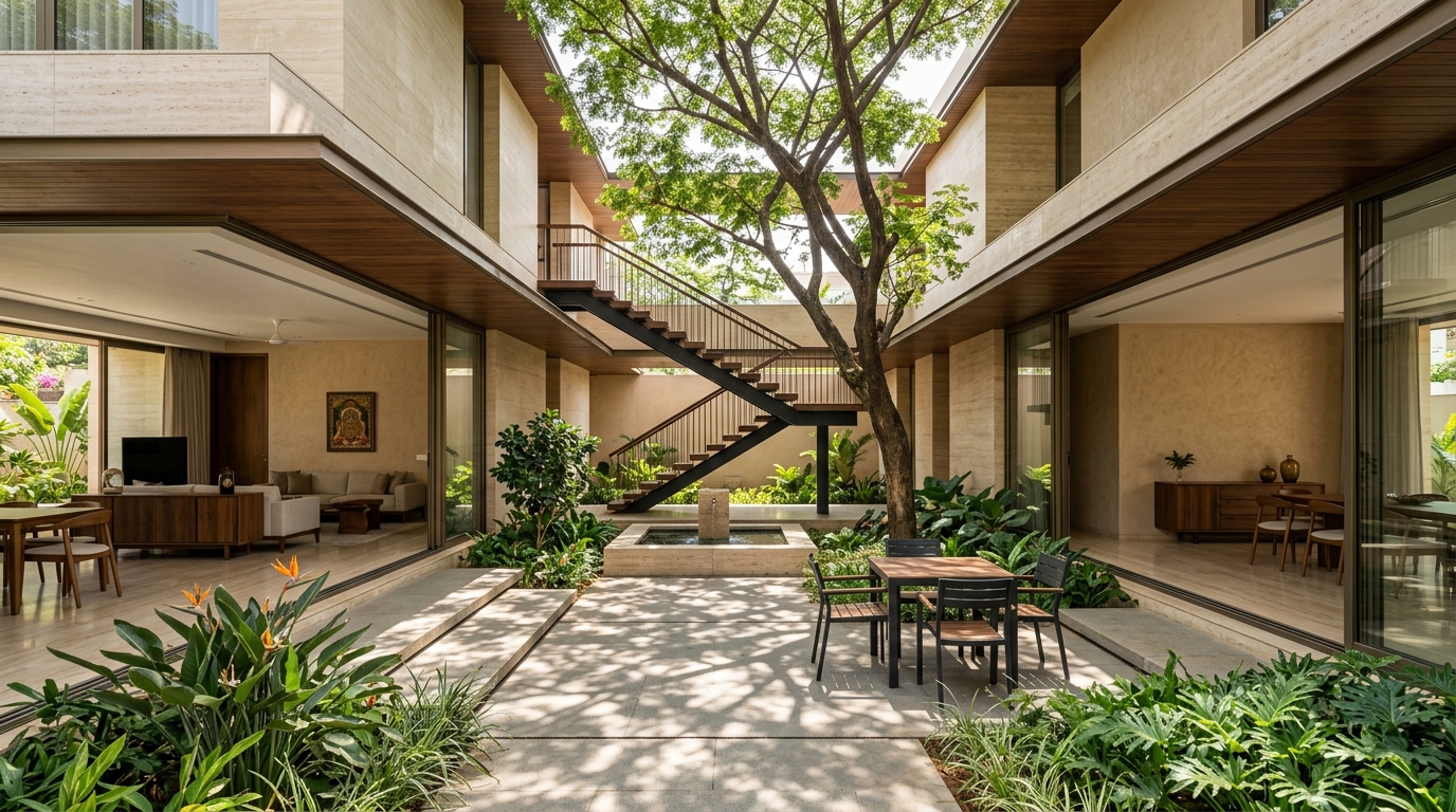 Sculptural floating staircase — stone treads, architectural lighting