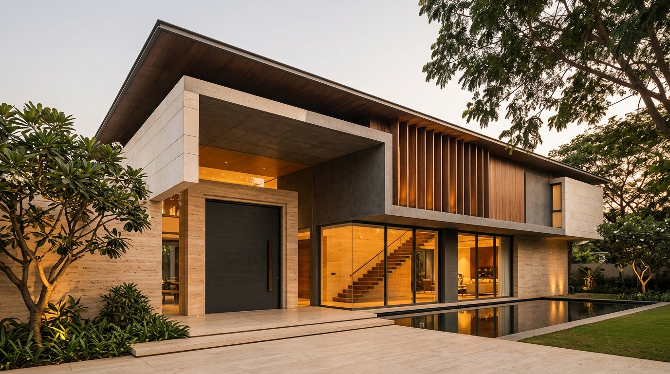 Luxury contemporary limestone villa exterior designed by KRIA
