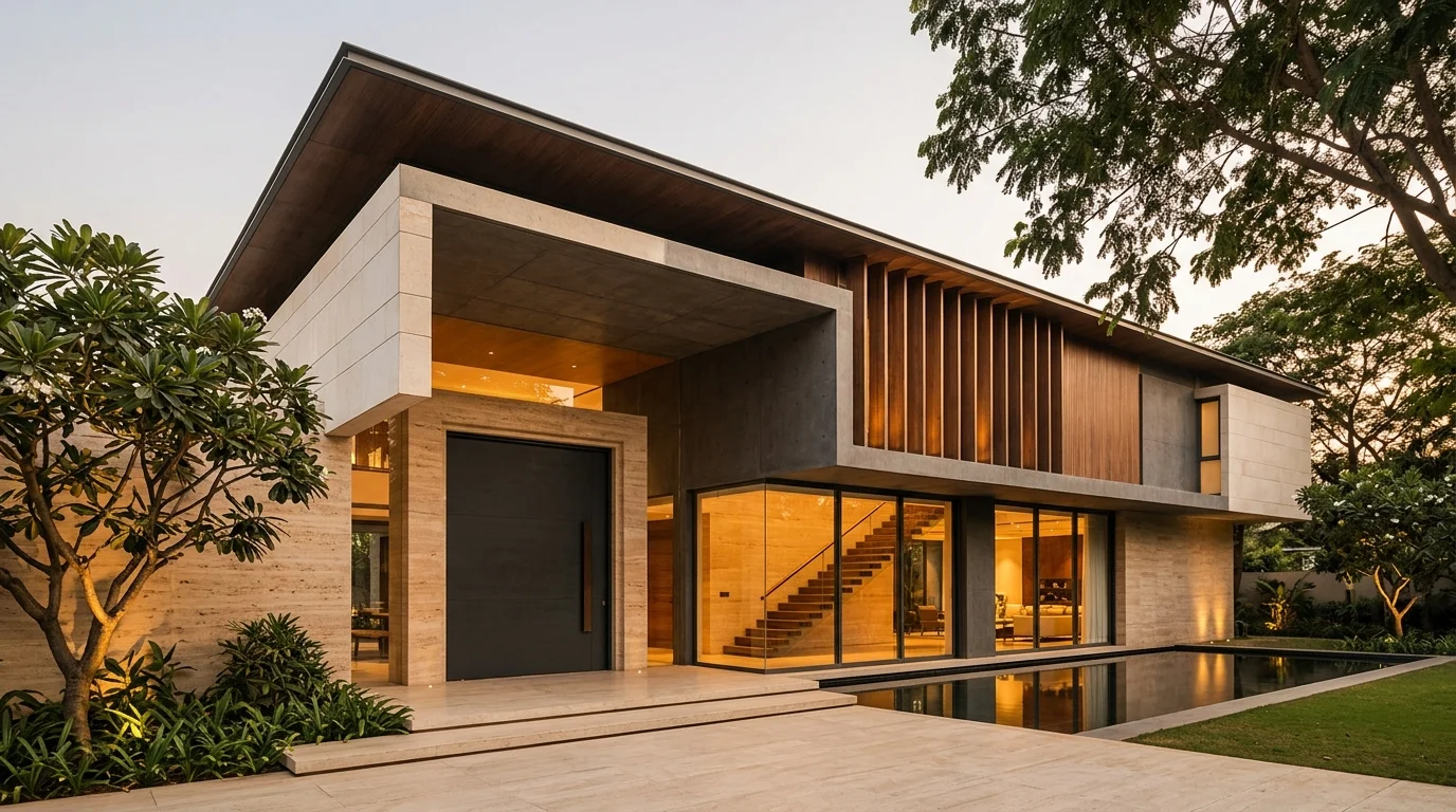 Luxury contemporary limestone villa exterior designed by KRIA